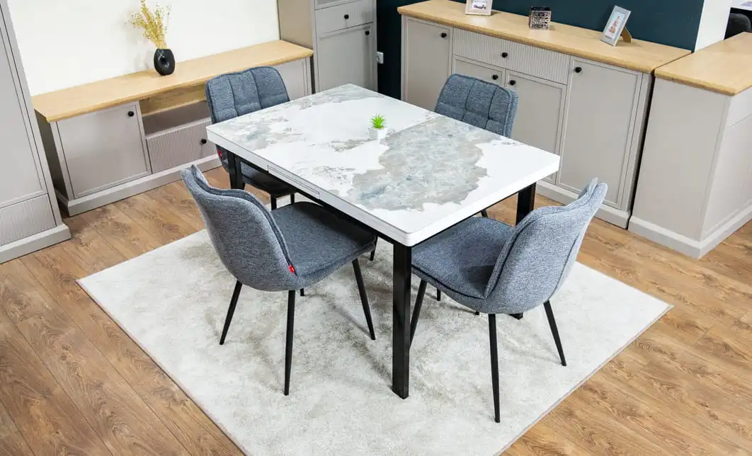 Set Masă Living Extensibilă Blat Ceramic KJT416 / DT018 Alb-Cappuccino cu 4 Scaune DCM2001AF Gri 2