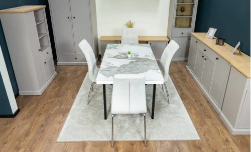 Set Masă Living Extensibilă Blat Ceramic KJT416 Alb-Cappuccino cu 4 Scaune F630 Bej