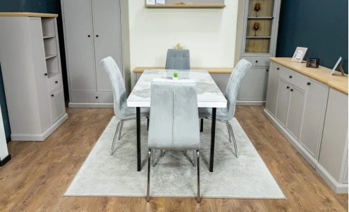 Set Masă Living Extensibilă Blat Ceramic KJT416 / DT018 Alb-Cappuccino cu 4 Scaune F630 Gri