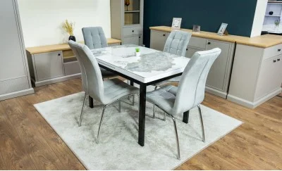 Set Masă Living Extensibilă Blat Ceramic KJT416 / DT018 Alb-Cappuccino cu 4 Scaune F630 Gri