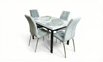 Set Masă Living Extensibilă Blat Ceramic KJT416 / DT018 Alb-Cappuccino cu 4 Scaune F630 Gri