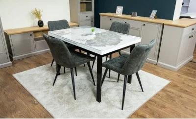 Set Masă Living Extensibilă Blat Ceramic KJT416 Alb-Cappuccino cu 4 Scaune J262-L Gri