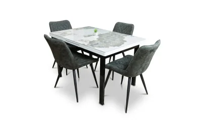 Set Masă Living Extensibilă Blat Ceramic KJT416 Alb-Cappuccino cu 4 Scaune J262-L Gri