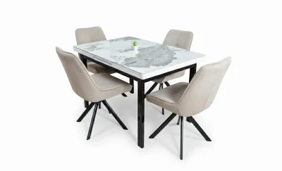 Set Masă Living Extensibilă Blat Ceramic KJT416 / DT018 Alb-Cappuccino cu 4 Scaune KJC0356 Bej