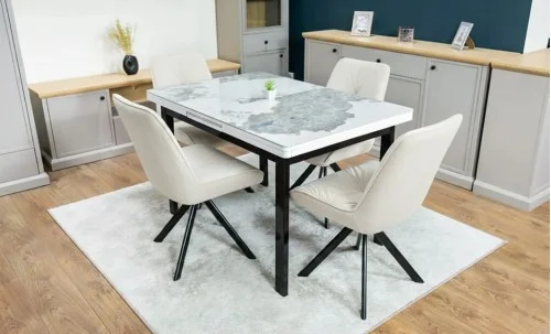 Set Masă Living Extensibilă Blat Ceramic KJT416 / DT018 Alb-Cappuccino cu 4 Scaune KJC0356 Bej