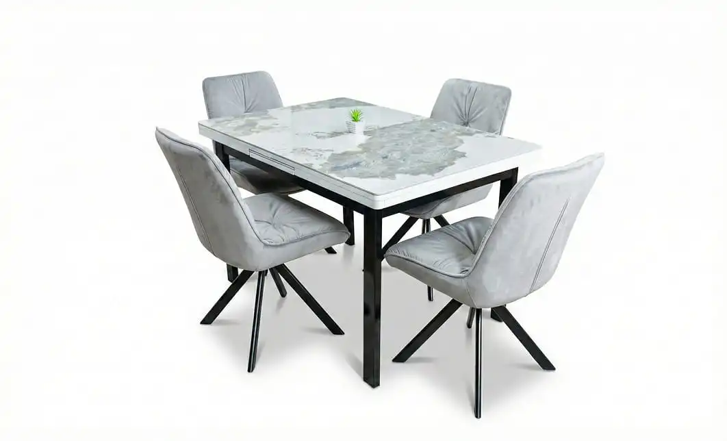 Set Masă Living Extensibilă Blat Ceramic KJT416 / DT018 Alb-Cappuccino cu 4 Scaune KJC0356 Gri 1