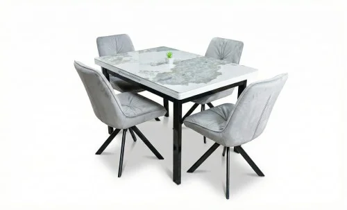 Set Masă Living Extensibilă Blat Ceramic KJT416 / DT018 Alb-Cappuccino cu 4 Scaune KJC0356 Gri