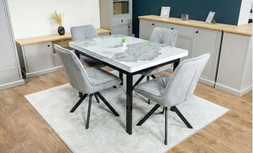 Set Masă Living Extensibilă Blat Ceramic KJT416 / DT018 Alb-Cappuccino cu 4 Scaune KJC0356 Gri