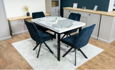 Set Masă Living Extensibilă Blat Ceramic KJT416 / DT018 Alb-Cappuccino cu 4 Scaune KJC0356 Negre