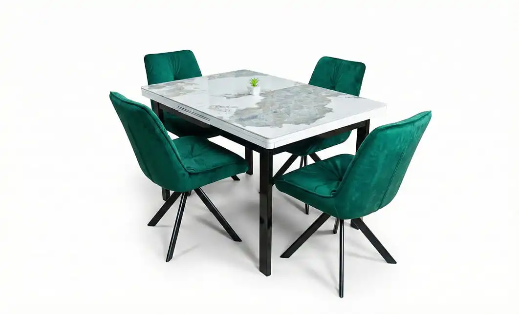 Set Masă Living Extensibilă Blat Ceramic KJT416 / DT018 Alb-Cappuccino cu 4 Scaune KJC0356 Verde 1