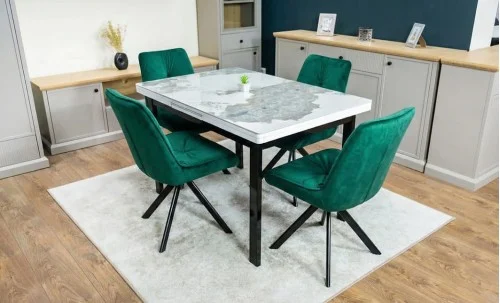 Set Masă Living Extensibilă Blat Ceramic KJT416 / DT018 Alb-Cappuccino cu 4 Scaune KJC0356 Verde