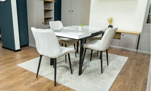 Set Masă Living Extensibilă Blat Ceramic KJT416 / DT018 Alb-Cappuccino cu 4 Scaune KJC0357 Bej