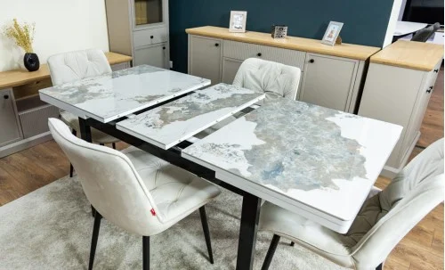 Set Masă Living Extensibilă Blat Ceramic KJT416 / DT018 Alb-Cappuccino cu 4 Scaune KJC0357 Bej