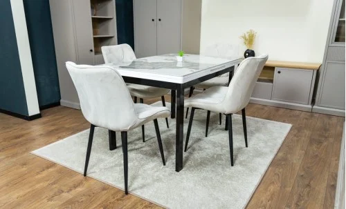 Set Masă Living Extensibilă Blat Ceramic KJT416 / DT018 Alb-Cappuccino cu 4 Scaune KJC0357 Bej