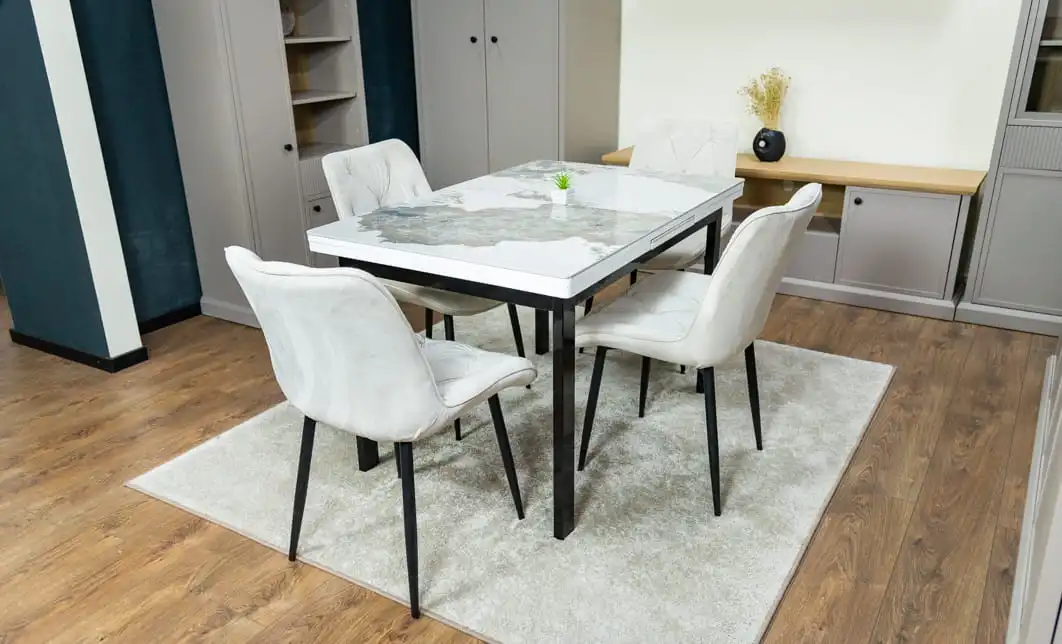 Set Masă Living Extensibilă Blat Ceramic KJT416 / DT018 Alb-Cappuccino cu 4 Scaune KJC0357 Bej