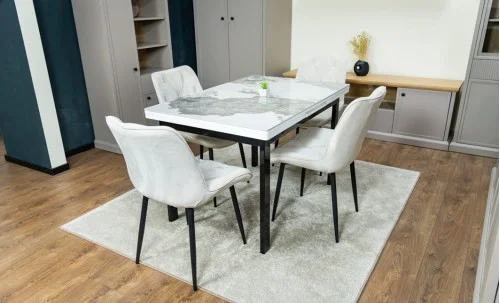 Set Masă Living Extensibilă Blat Ceramic KJT416 / DT018 Alb-Cappuccino cu 4 Scaune KJC0357 Bej