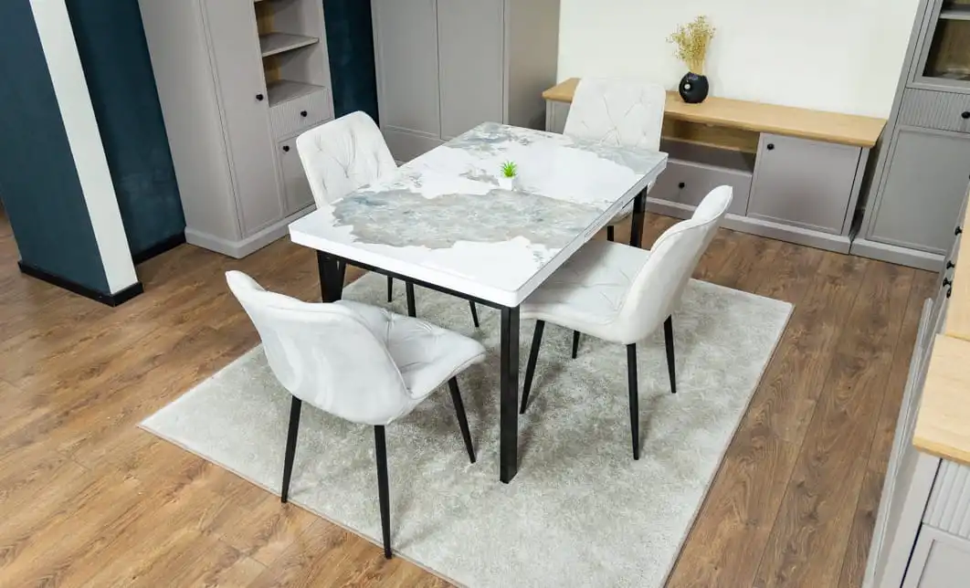 Set Masă Living Extensibilă Blat Ceramic KJT416 / DT018 Alb-Cappuccino cu 4 Scaune KJC0357 Bej