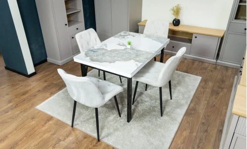 Set Masă Living Extensibilă Blat Ceramic KJT416 / DT018 Alb-Cappuccino cu 4 Scaune KJC0357 Bej