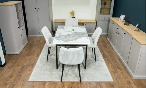 Set Masă Living Extensibilă Blat Ceramic KJT416 / DT018 Alb-Cappuccino cu 4 Scaune KJC0357 Bej