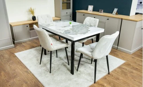 Set Masă Living Extensibilă Blat Ceramic KJT416 / DT018 Alb-Cappuccino cu 4 Scaune KJC0357 Bej