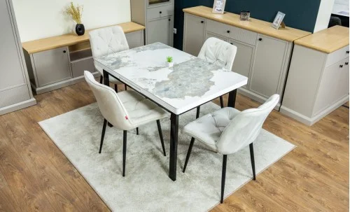 Set Masă Living Extensibilă Blat Ceramic KJT416 / DT018 Alb-Cappuccino cu 4 Scaune KJC0357 Bej