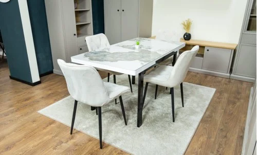 Set Masă Living Extensibilă Blat Ceramic KJT416 / DT018 Alb-Cappuccino cu 4 Scaune KJC0357 Bej