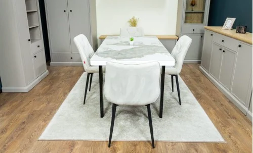 Set Masă Living Extensibilă Blat Ceramic KJT416 / DT018 Alb-Cappuccino cu 4 Scaune KJC0357 Bej