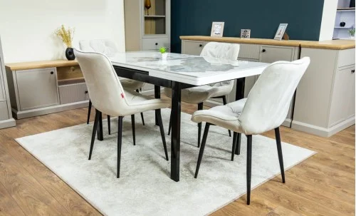 Set Masă Living Extensibilă Blat Ceramic KJT416 / DT018 Alb-Cappuccino cu 4 Scaune KJC0357 Bej