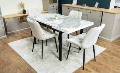 Set Masă Living Extensibilă Blat Ceramic KJT416 / DT018 Alb-Cappuccino cu 4 Scaune KJC0357 Bej