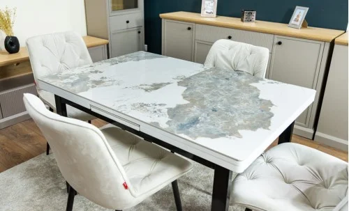 Set Masă Living Extensibilă Blat Ceramic KJT416 / DT018 Alb-Cappuccino cu 4 Scaune KJC0357 Bej