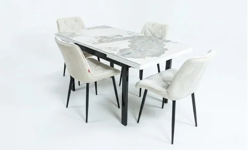 Set Masă Living Extensibilă Blat Ceramic KJT416 / DT018 Alb-Cappuccino cu 4 Scaune KJC0357 Bej