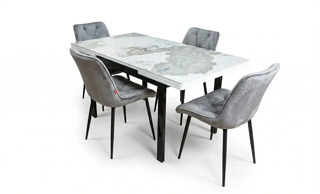 Set Masă Living Extensibilă Blat Ceramic KJT416 Alb-Cappuccino cu 4 Scaune KJC0357 Gri 1
