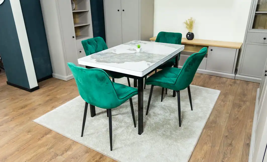 Set Masă Living Extensibilă Blat Ceramic KJT416 Alb-Cappuccino cu 4 Scaune KJC0357 Verzi 6