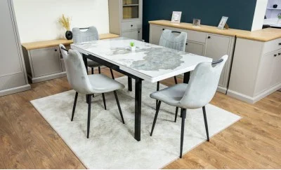 Set Masă Living Extensibilă Blat Ceramic KJT416 / DT018 Alb-Cappuccino cu 4 Scaune KJC0358 Gri