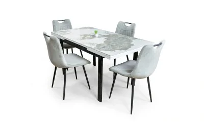 Set Masă Living Extensibilă Blat Ceramic KJT416 / DT018 Alb-Cappuccino cu 4 Scaune KJC0358 Gri