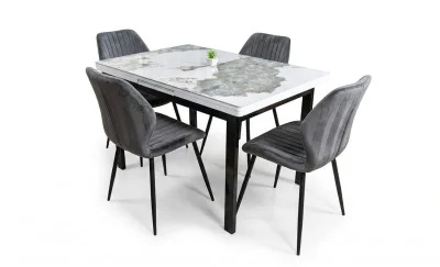 Set Masă Living Extensibilă Blat Ceramic KJT416 / DT018 Alb-Cappuccino cu 4 Scaune KJC104 Gri