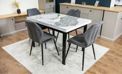 Set Masă Living Extensibilă Blat Ceramic KJT416 / DT018 Alb-Cappuccino cu 4 Scaune KJC104 Gri
