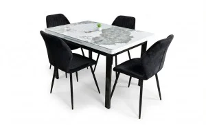 Set Masă Living Extensibilă Blat Ceramic KJT416 Alb-Cappuccino cu 4 Scaune KJC104 Negre