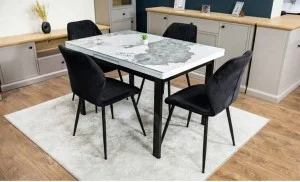Set Masă Living Extensibilă Blat Ceramic KJT416 Alb-Cappuccino cu 4 Scaune KJC104 Negre