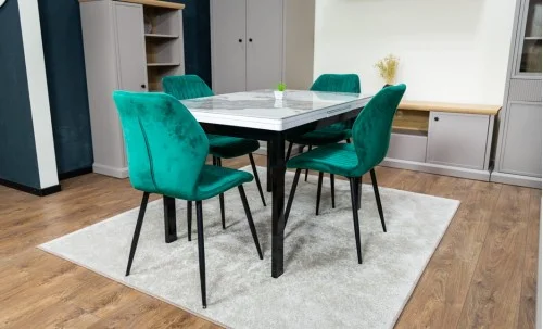 Set Masă Living Extensibilă Blat Ceramic KJT416 / DT018 Alb-Cappuccino cu 4 Scaune KJC104 Verzi