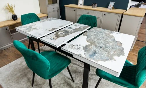 Set Masă Living Extensibilă Blat Ceramic KJT416 / DT018 Alb-Cappuccino cu 4 Scaune KJC104 Verzi