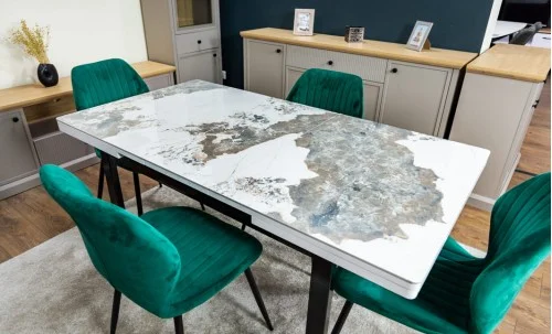 Set Masă Living Extensibilă Blat Ceramic KJT416 / DT018 Alb-Cappuccino cu 4 Scaune KJC104 Verzi