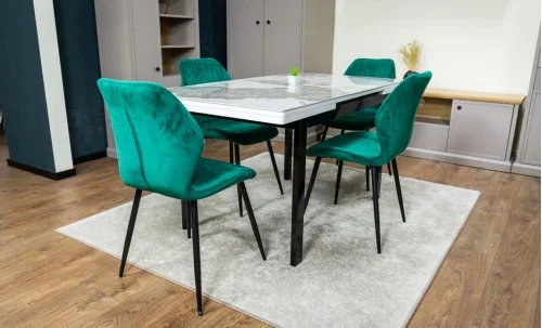 Set Masă Living Extensibilă Blat Ceramic KJT416 / DT018 Alb-Cappuccino cu 4 Scaune KJC104 Verzi