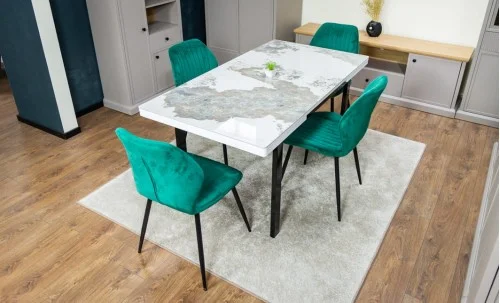 Set Masă Living Extensibilă Blat Ceramic KJT416 / DT018 Alb-Cappuccino cu 4 Scaune KJC104 Verzi