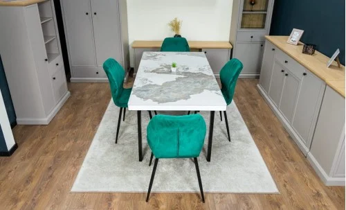 Set Masă Living Extensibilă Blat Ceramic KJT416 / DT018 Alb-Cappuccino cu 4 Scaune KJC104 Verzi