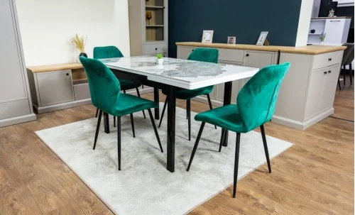 Set Masă Living Extensibilă Blat Ceramic KJT416 / DT018 Alb-Cappuccino cu 4 Scaune KJC104 Verzi