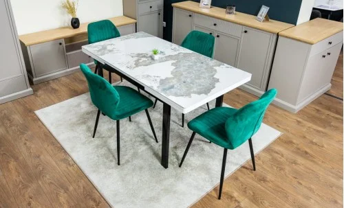 Set Masă Living Extensibilă Blat Ceramic KJT416 / DT018 Alb-Cappuccino cu 4 Scaune KJC104 Verzi