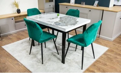 Set Masă Living Extensibilă Blat Ceramic KJT416 / DT018 Alb-Cappuccino cu 4 Scaune KJC104 Verzi