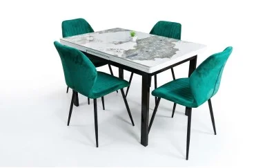 Set Masă Living Extensibilă Blat Ceramic KJT416 / DT018 Alb-Cappuccino cu 4 Scaune KJC104 Verzi