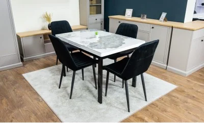 Set Masă Living Extensibilă Blat Ceramic KJT416 Alb-Cappuccino cu 4 Scaune KJC176 Negre